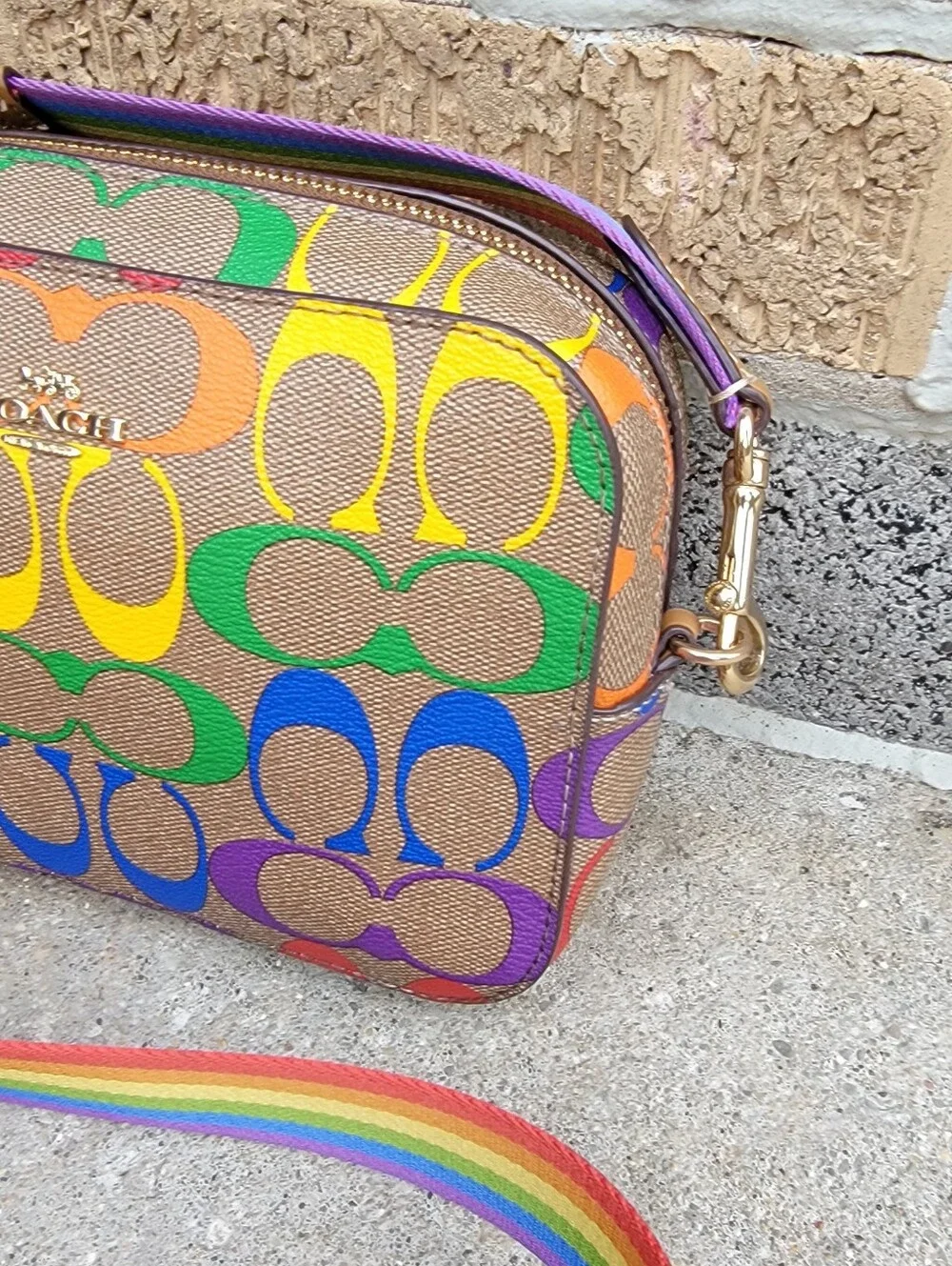 Coach Khaki Rainbow Signature Mini Camera Crossbody C4227